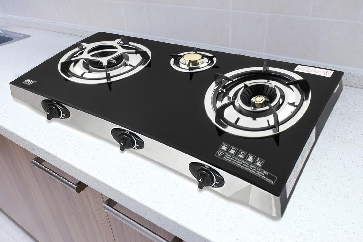 Indoor Gas Stove 2 Burners Hob Black Glass Cooker &amp; Regulator Set for Efficient Cooking and Modern Kitchen Setup