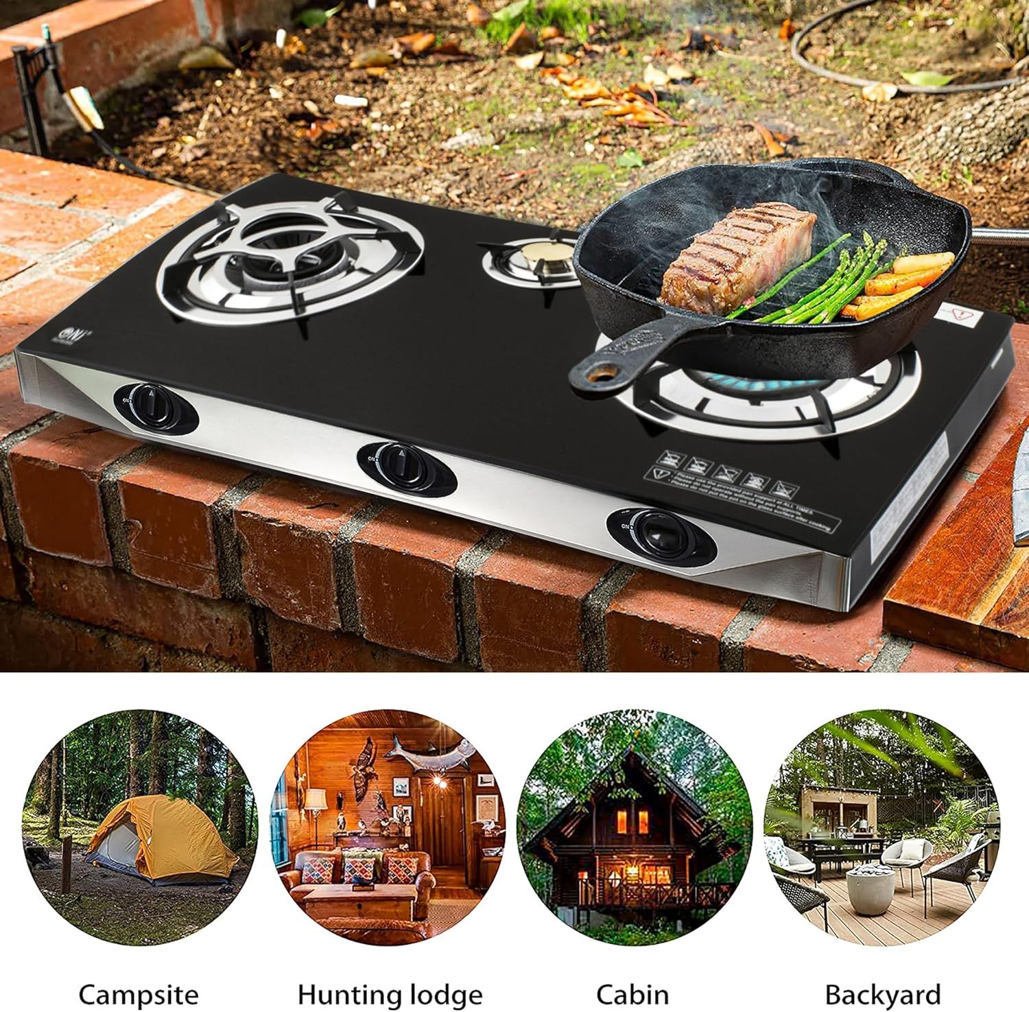 Indoor Gas Stove 2 Burners Hob Black Glass Cooker &amp; Regulator Set for Efficient Cooking and Modern Kitchen Setup