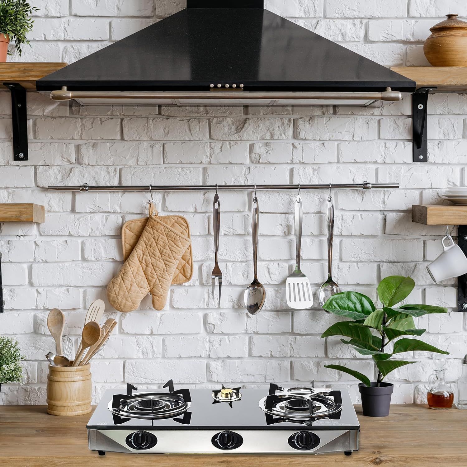 Indoor Gas Stove 2 Burners Hob Black Glass Cooker &amp; Regulator Set for Efficient Cooking and Modern Kitchen Setup