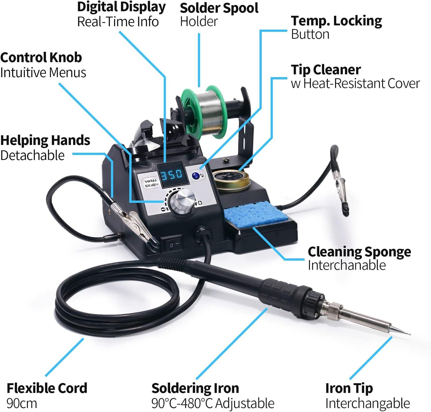 60W Digital Soldering Iron Station Kit with Temperature Control, 5 Tips, Solder Sucker, Helping Hands, Lead-Free Solder, UK Plug (Silver) for Soldering &amp; Desoldering