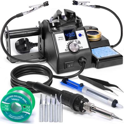60W Digital Soldering Iron Station Kit with Temperature Control, 5 Tips, Solder Sucker, Helping Hands, Lead-Free Solder, UK Plug (Silver) for Soldering &amp; Desoldering