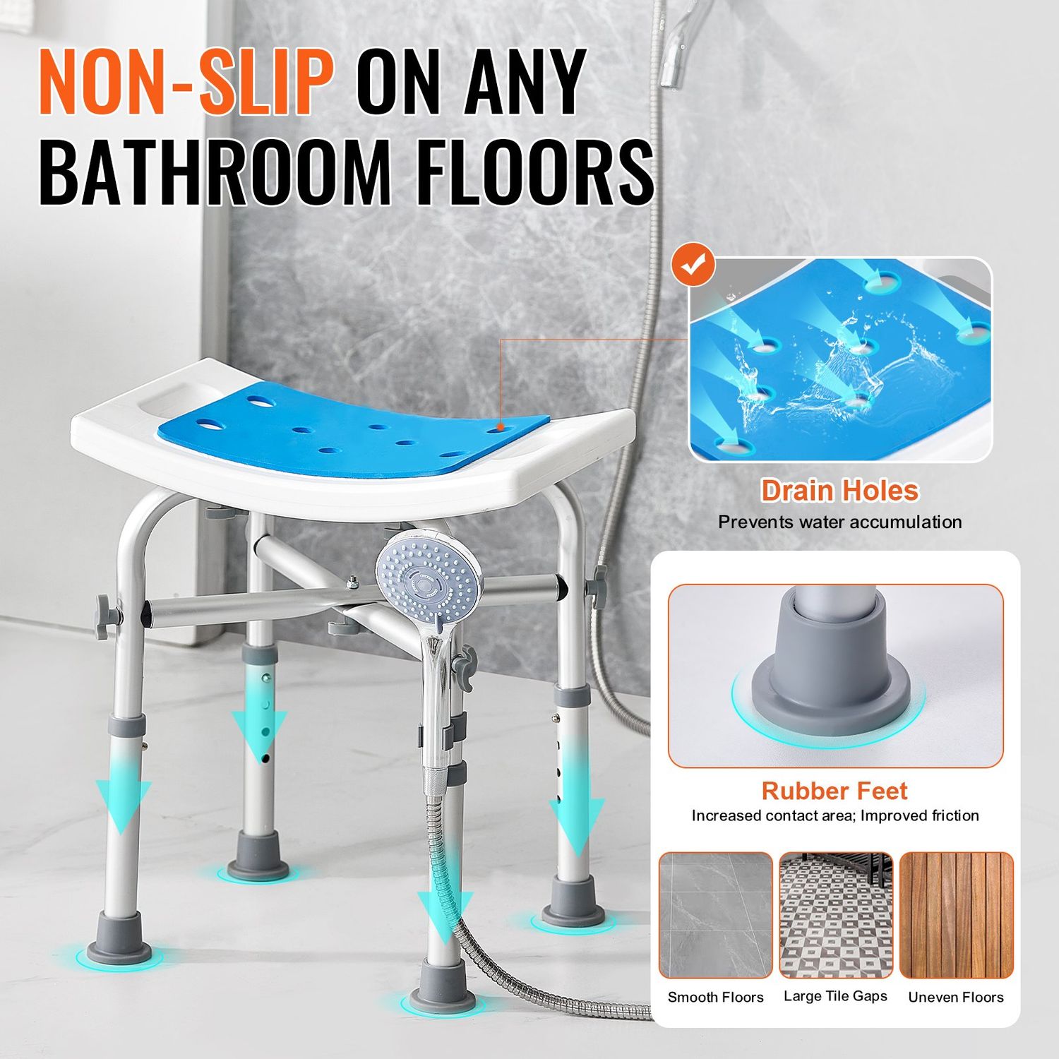 Adjustable Height Shower Chair with Back - Non-Slip Bath Stool for Inside Showers and Bathtubs, Ideal Bathroom Seat for Safety and Comfort 350-500lbs