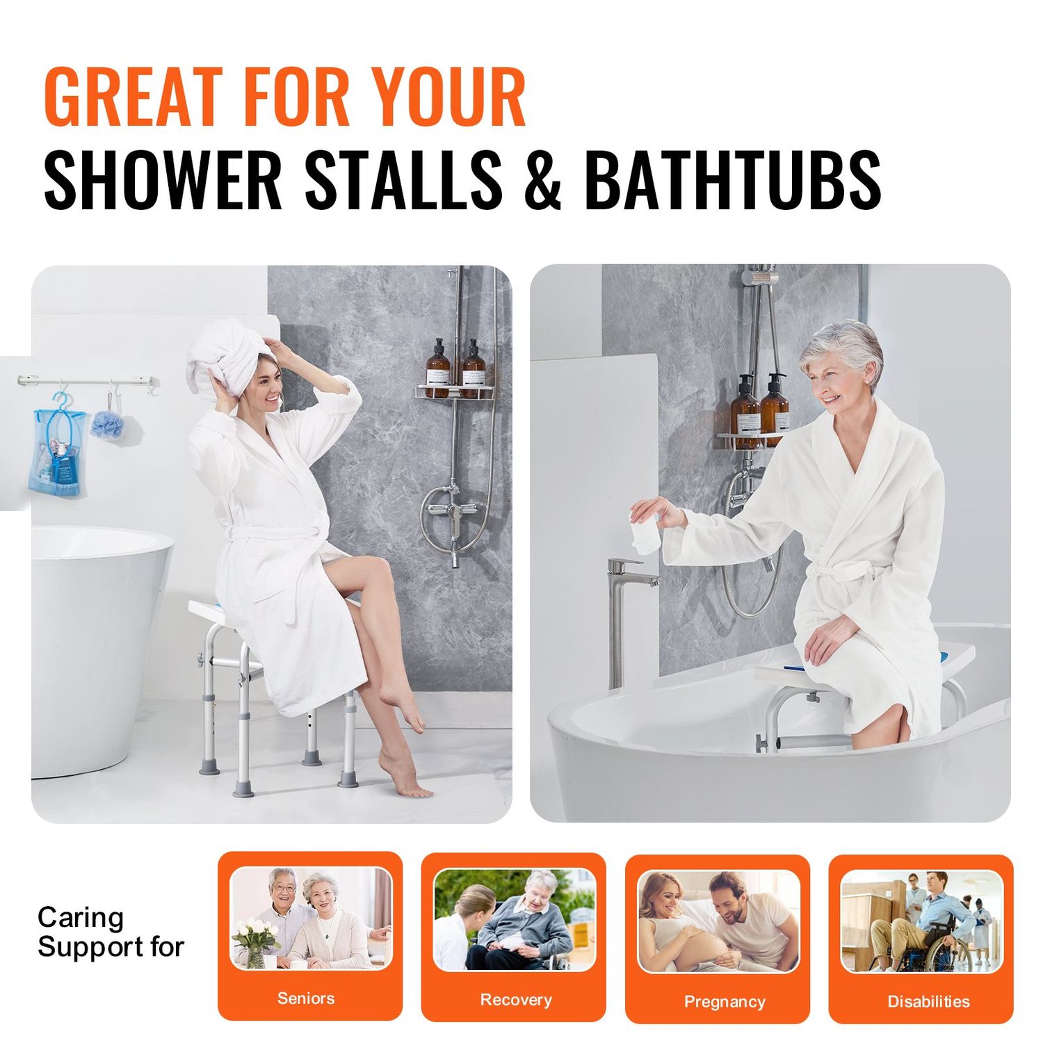 Adjustable Height Shower Chair with Back - Non-Slip Bath Stool for Inside Showers and Bathtubs, Ideal Bathroom Seat for Safety and Comfort 350-500lbs