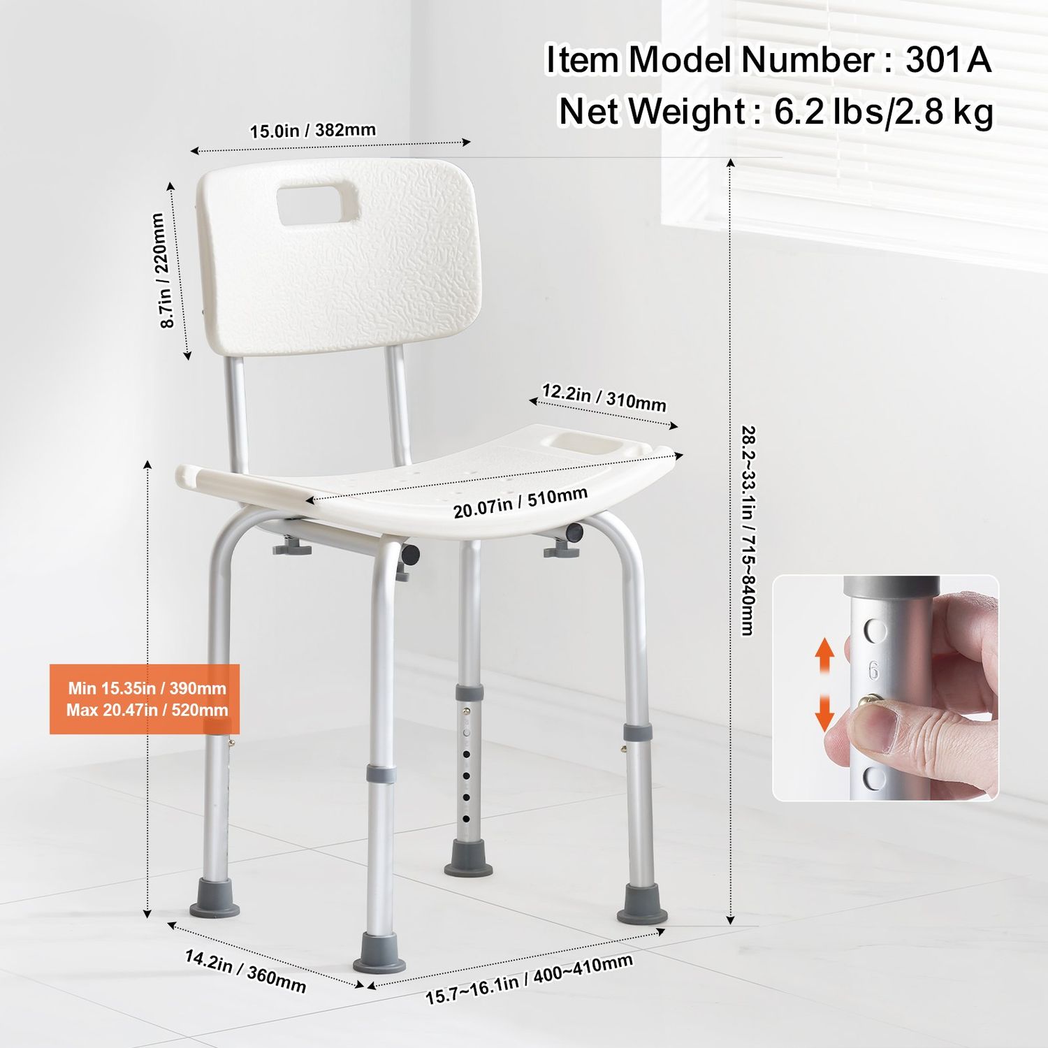 Adjustable Height Shower Chair with Back - Non-Slip Bath Stool for Inside Showers and Bathtubs, Ideal Bathroom Seat for Safety and Comfort 350-500lbs