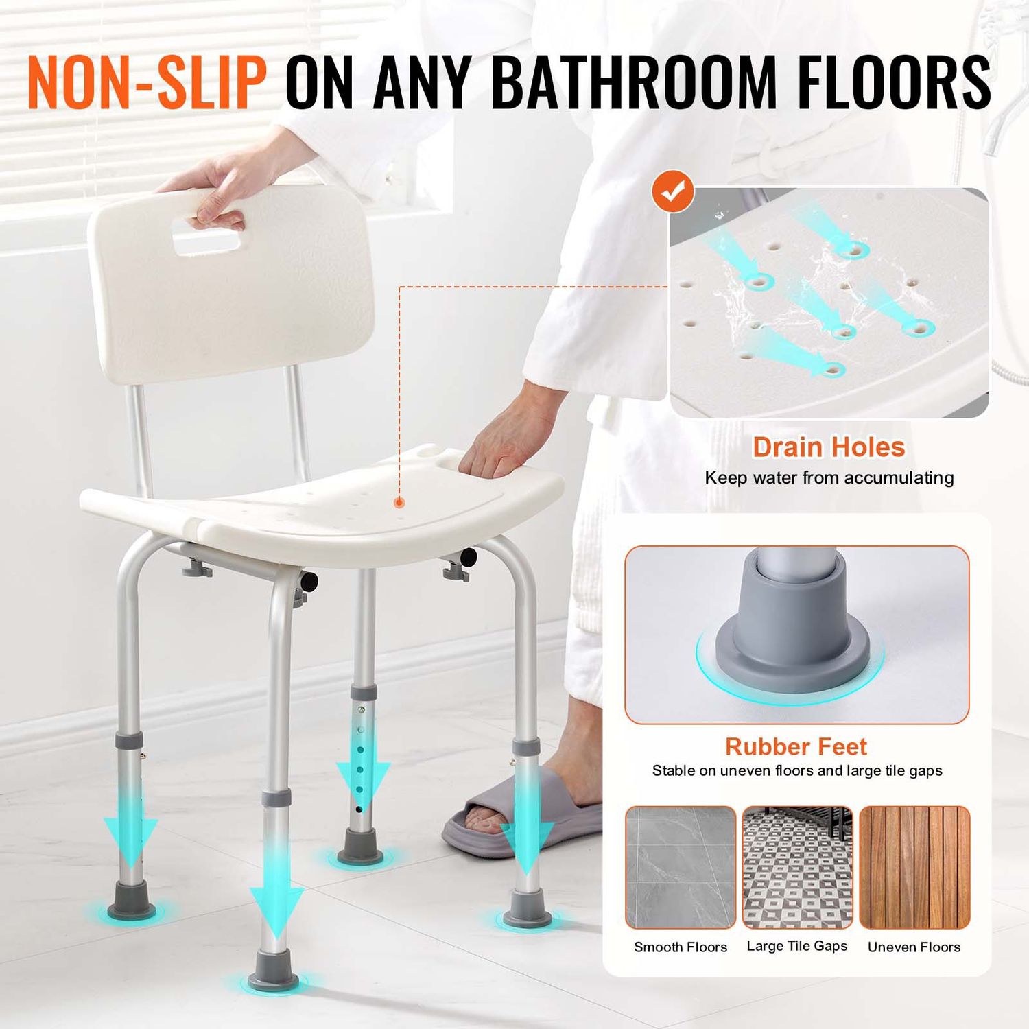 Adjustable Height Shower Chair with Back - Non-Slip Bath Stool for Inside Showers and Bathtubs, Ideal Bathroom Seat for Safety and Comfort 350-500lbs