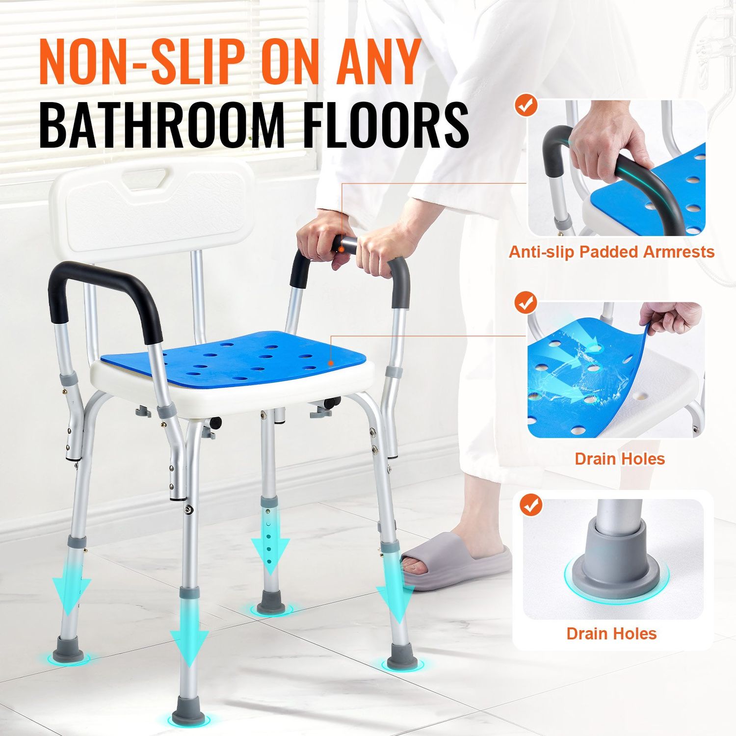 Adjustable Height Shower Chair with Back - Non-Slip Bath Stool for Inside Showers and Bathtubs, Ideal Bathroom Seat for Safety and Comfort 350-500lbs