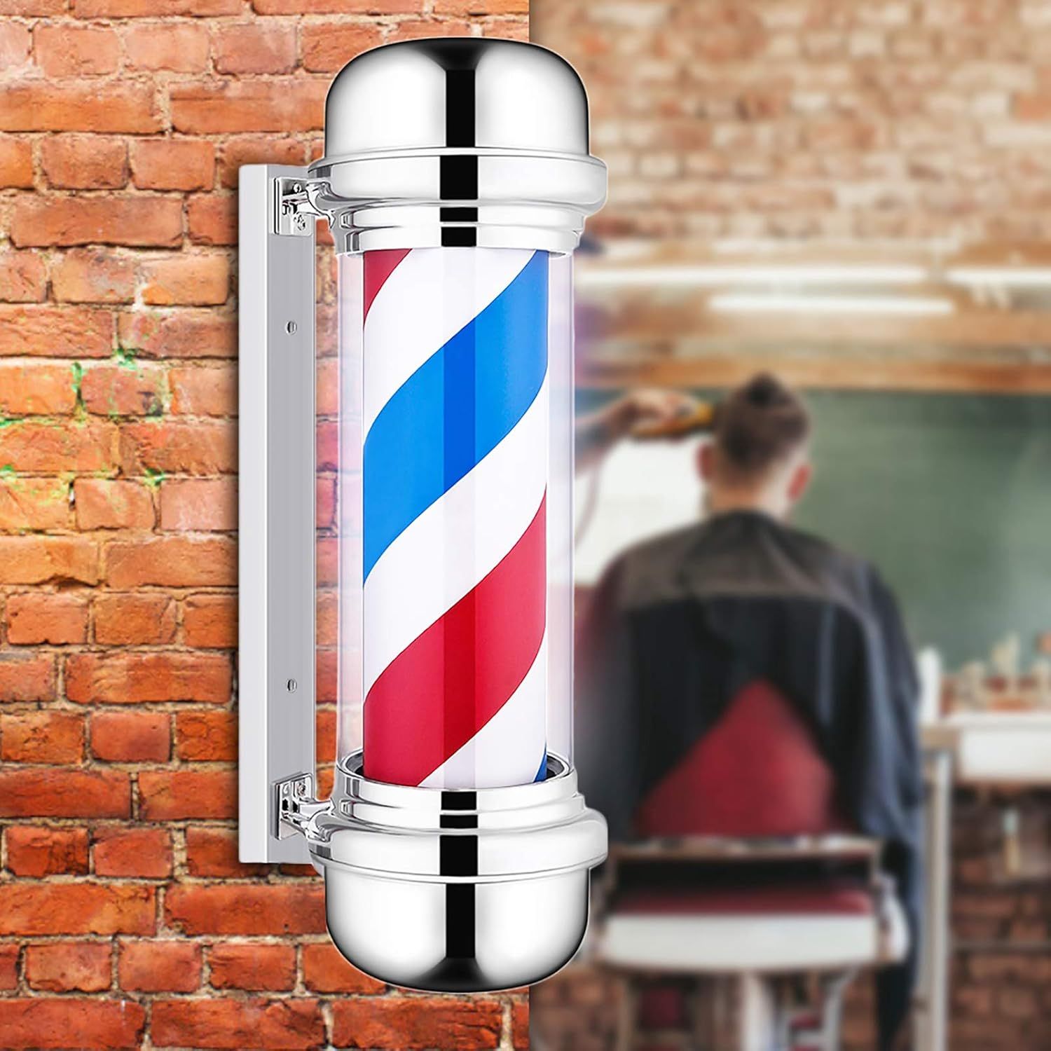 LED Barber Shop Sign Pole - Red, White, Blue Stripes Illuminating Light for Hair Salons, Wall-Mounted Rotating Lamp with 220V UK Plug – Classic Design for Barbershops, Durable and Eye-Catching Display