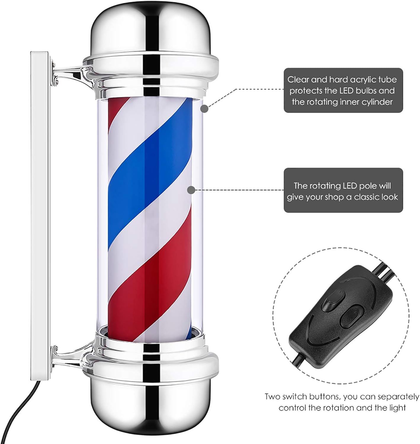 LED Barber Shop Sign Pole - Red, White, Blue Stripes Illuminating Light for Hair Salons, Wall-Mounted Rotating Lamp with 220V UK Plug – Classic Design for Barbershops, Durable and Eye-Catching Display