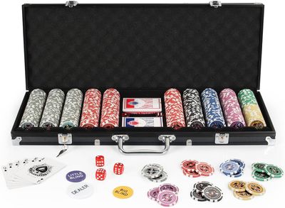 Texas Holdem Poker Chips Set with Aluminum Case,2 Decks of Cards, Dealer, Small Blind, Big Blind Buttons, and 5 Dice (500 Piece Chips)