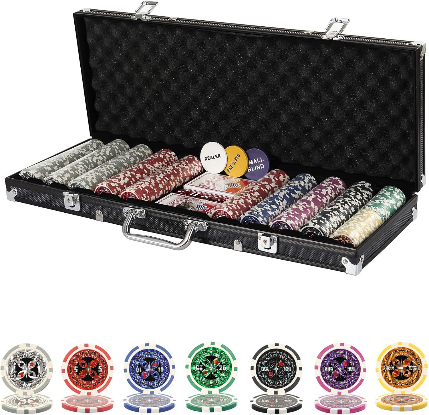 Texas Holdem Poker Chips Set with Aluminum Case,2 Decks of Cards, Dealer, Small Blind, Big Blind Buttons, and 5 Dice (500 Piece Chips)