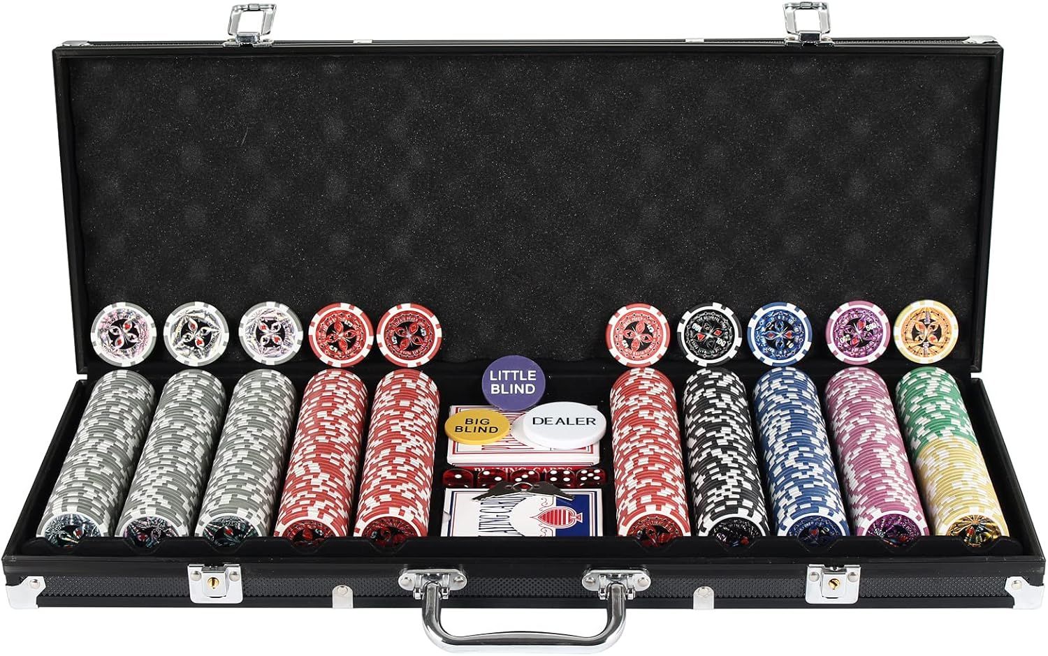 Texas Holdem Poker Chips Set with Aluminum Case,2 Decks of Cards, Dealer, Small Blind, Big Blind Buttons, and 5 Dice (500 Piece Chips)