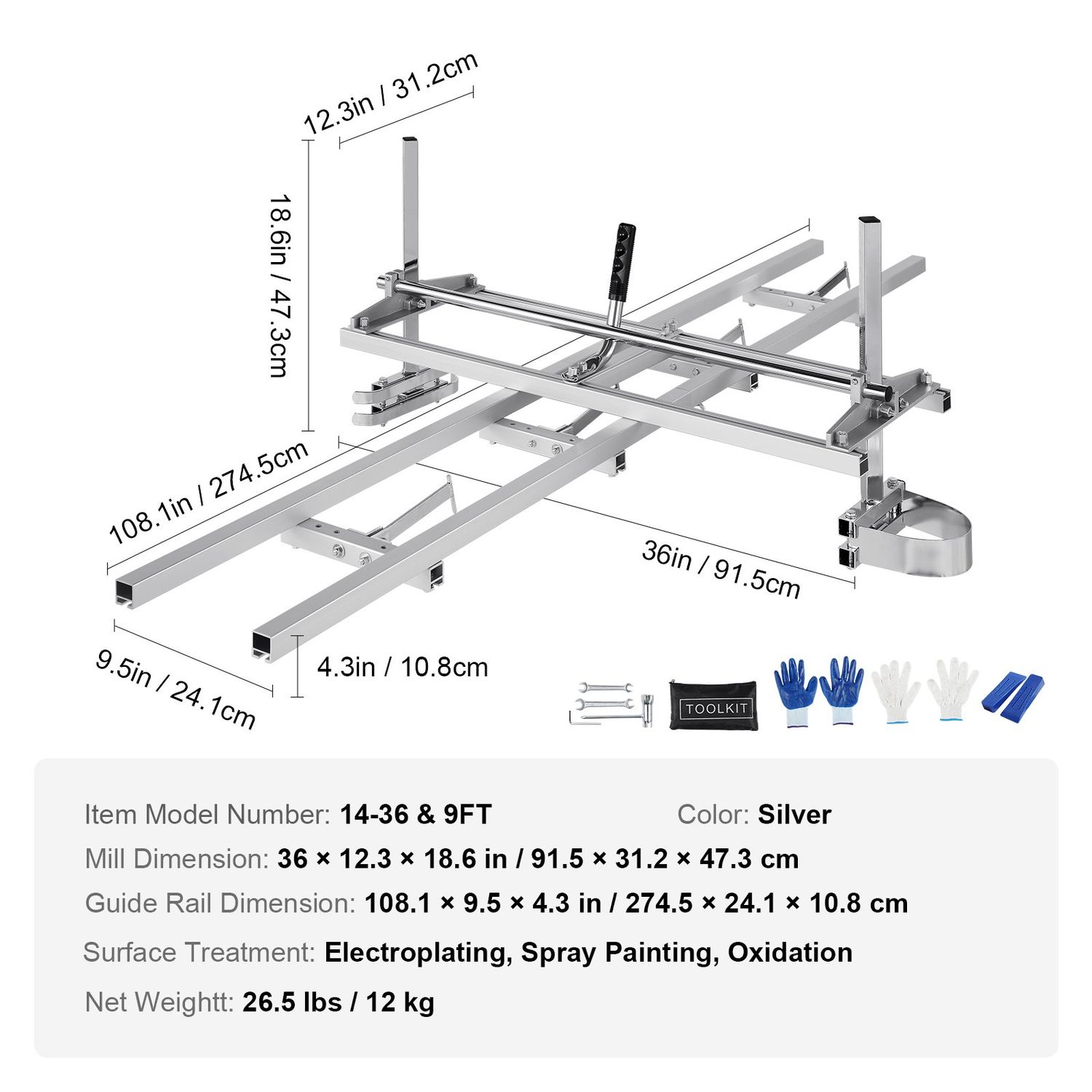 Chainsaw Mill and Rail Mill Guide System, Portable Sawmill 14&quot;-36&quot; Guide Bar, 9ft Aluminum Saw Milling Rail Guide with Chainsaw Planking Mill for Woodworkers and Carpenters