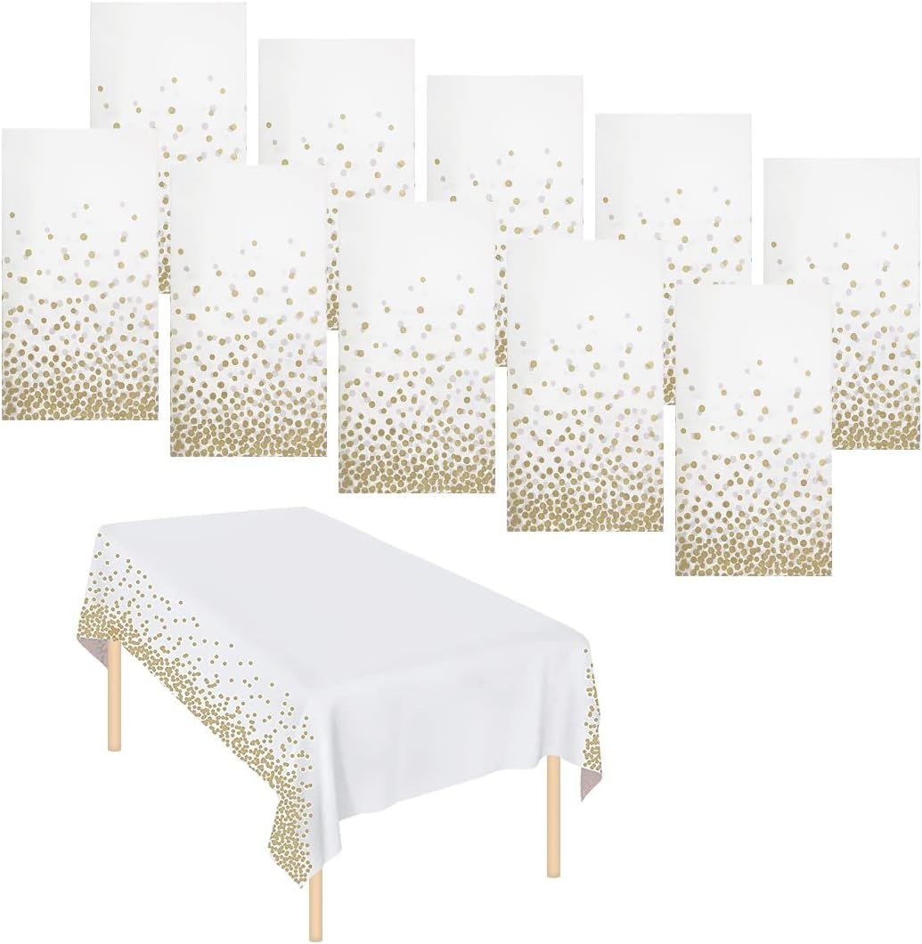 10 Pack Tablecloths Disposable Table Covers Parties Table Clothes Skirt Wipeable Plastic Tablecloth Waterproof Party Tablecloths for Indoor or Outdoor Birthdays Weddings Christmas, Colour: 10 Packs White With Gold Dot