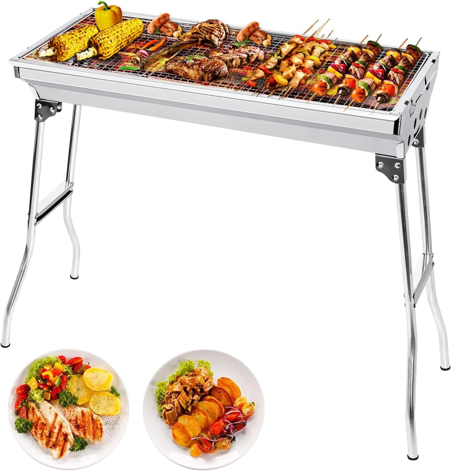 Charcoal BBQ Grill - 680x320x730mm, Large Foldable Stainless Steel Barbecue Grill for Camping, Picnic, Garden, and Outdoor Cooking