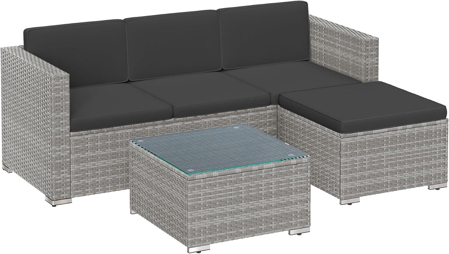 Garden Furniture Set PE Poly Rattan Patio Furniture Corner Sofa Outdoor Handwoven Rattan Lounge Set with Cushions and Glass Table Grey