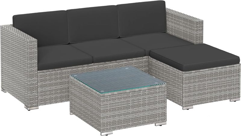 Garden Furniture Set PE Poly Rattan Patio Furniture Corner Sofa Outdoor Handwoven Rattan Lounge Set with Cushions and Glass Table Grey