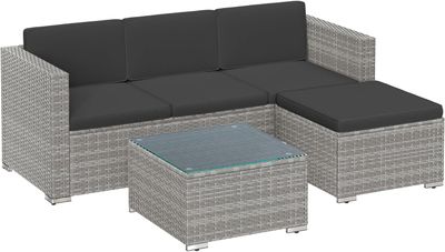 Garden Furniture Set PE Poly Rattan Patio Furniture Corner Sofa Outdoor Handwoven Rattan Lounge Set with Cushions and Glass Table Grey