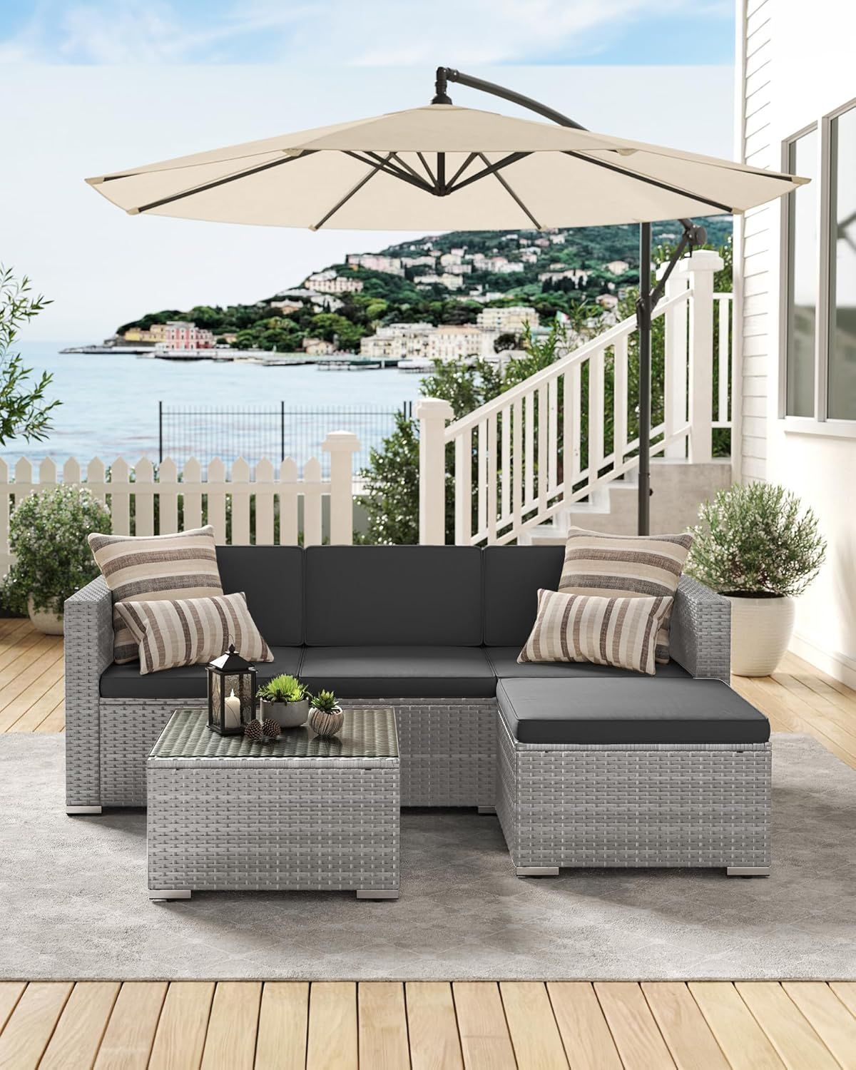 Garden Furniture Set PE Poly Rattan Patio Furniture Corner Sofa Outdoor Handwoven Rattan Lounge Set with Cushions and Glass Table Grey