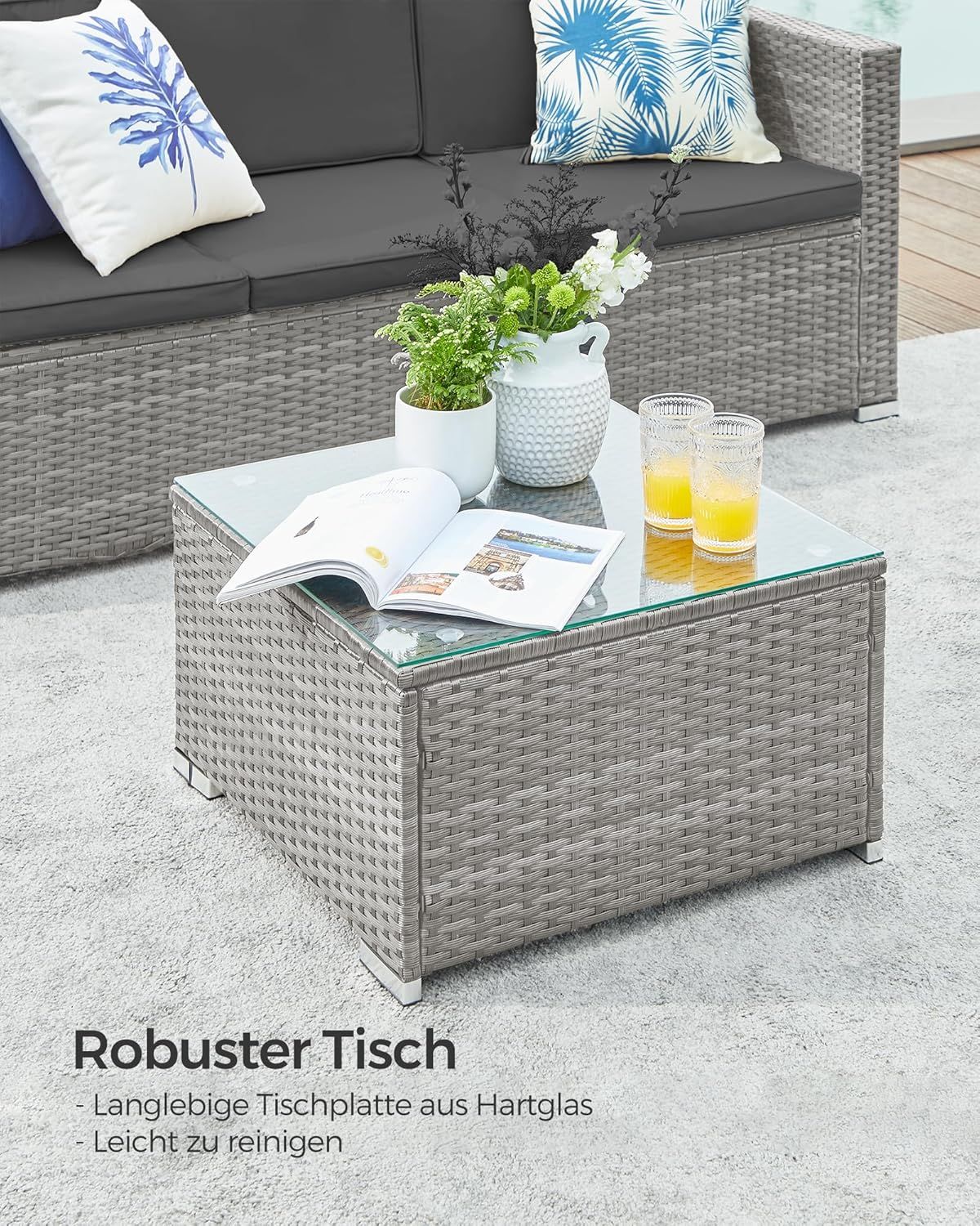 Garden Furniture Set PE Poly Rattan Patio Furniture Corner Sofa Outdoor Handwoven Rattan Lounge Set with Cushions and Glass Table Grey