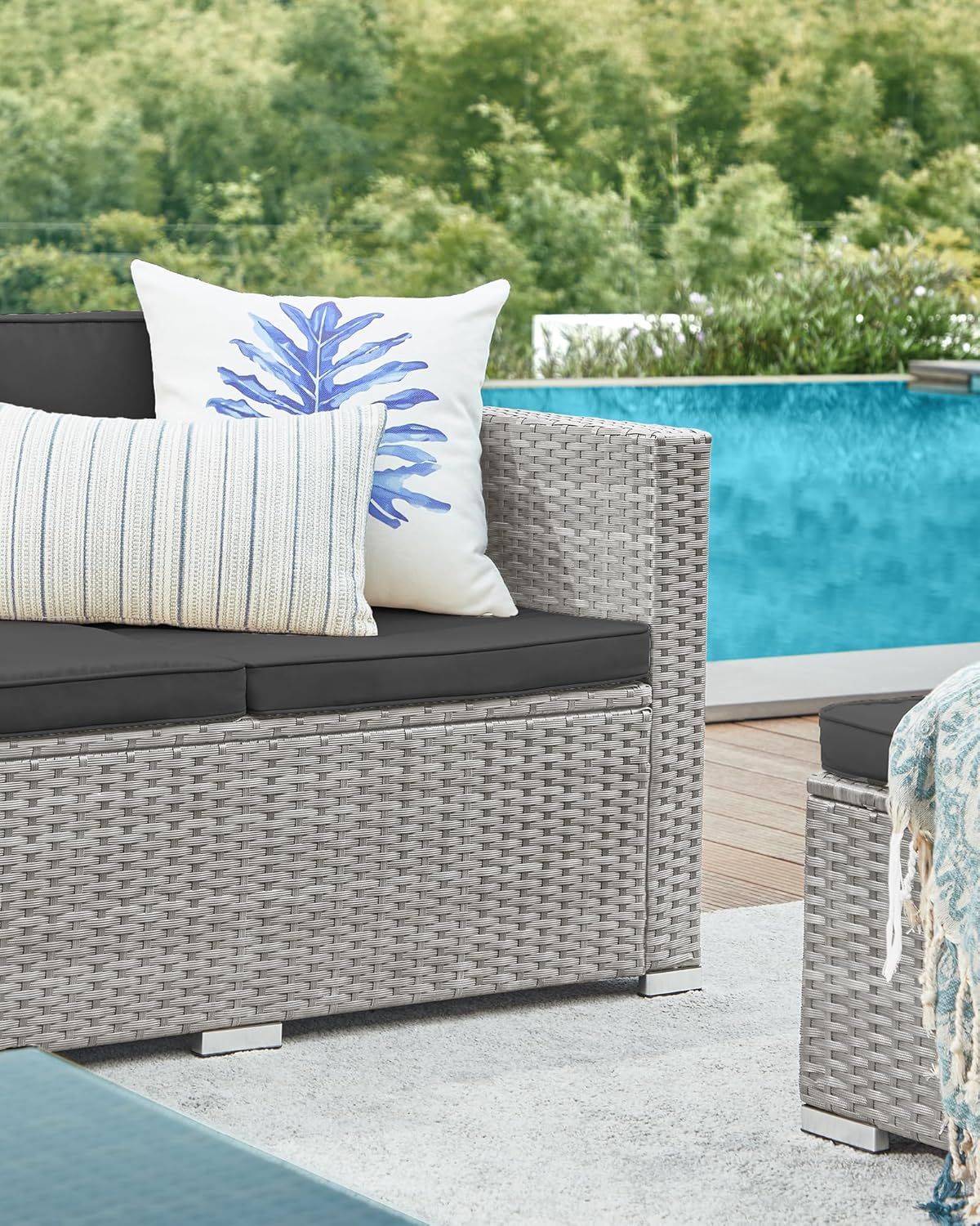 Garden Furniture Set PE Poly Rattan Patio Furniture Corner Sofa Outdoor Handwoven Rattan Lounge Set with Cushions and Glass Table Grey