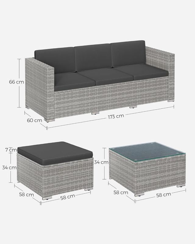 Garden Furniture Set PE Poly Rattan Patio Furniture Corner Sofa Outdoor Handwoven Rattan Lounge Set with Cushions and Glass Table Grey