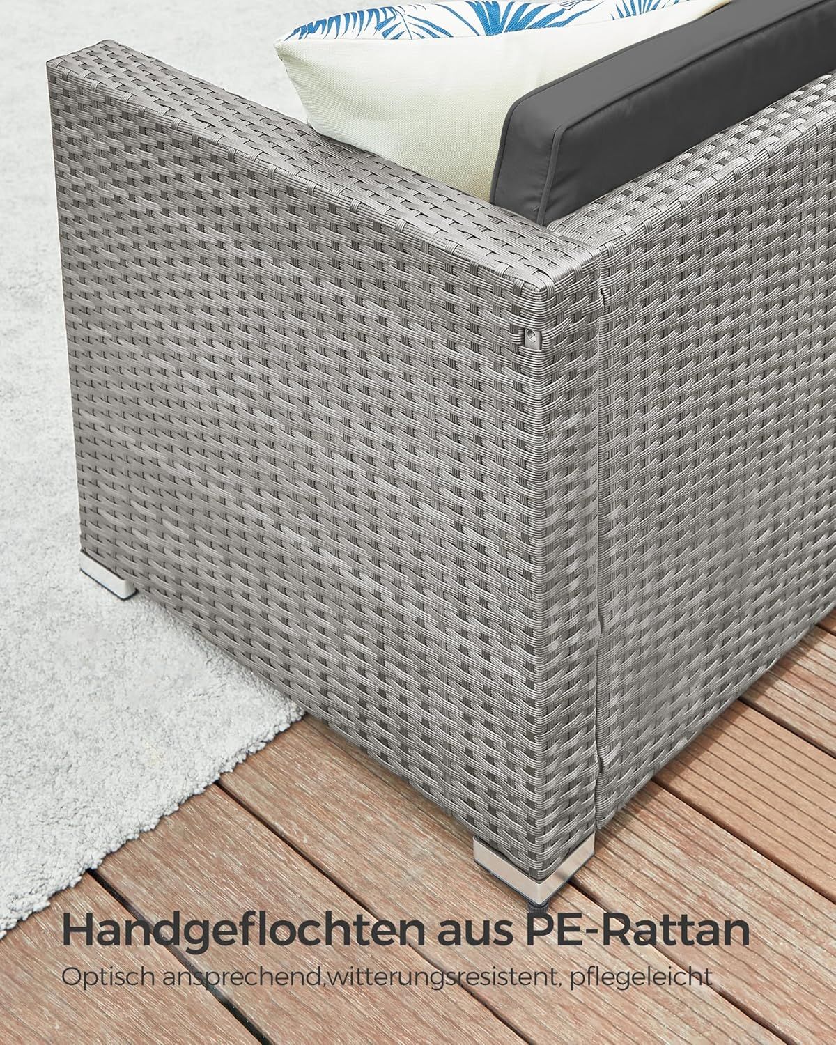 Garden Furniture Set PE Poly Rattan Patio Furniture Corner Sofa Outdoor Handwoven Rattan Lounge Set with Cushions and Glass Table Grey