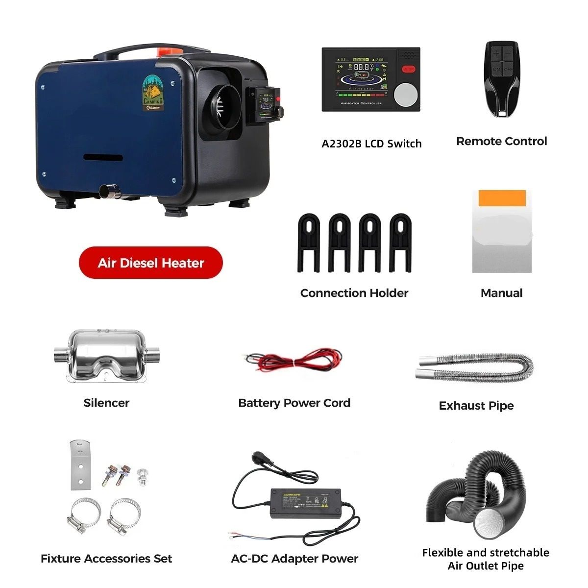 12V/24V- 220V 8KW Diesel Air Heater All In One LCD with Bluetooth Efficient - Full Portable Kit for Powerful and Efficient Heating in Cars Trucks RVs and Vans Easy Installation and Durable Design