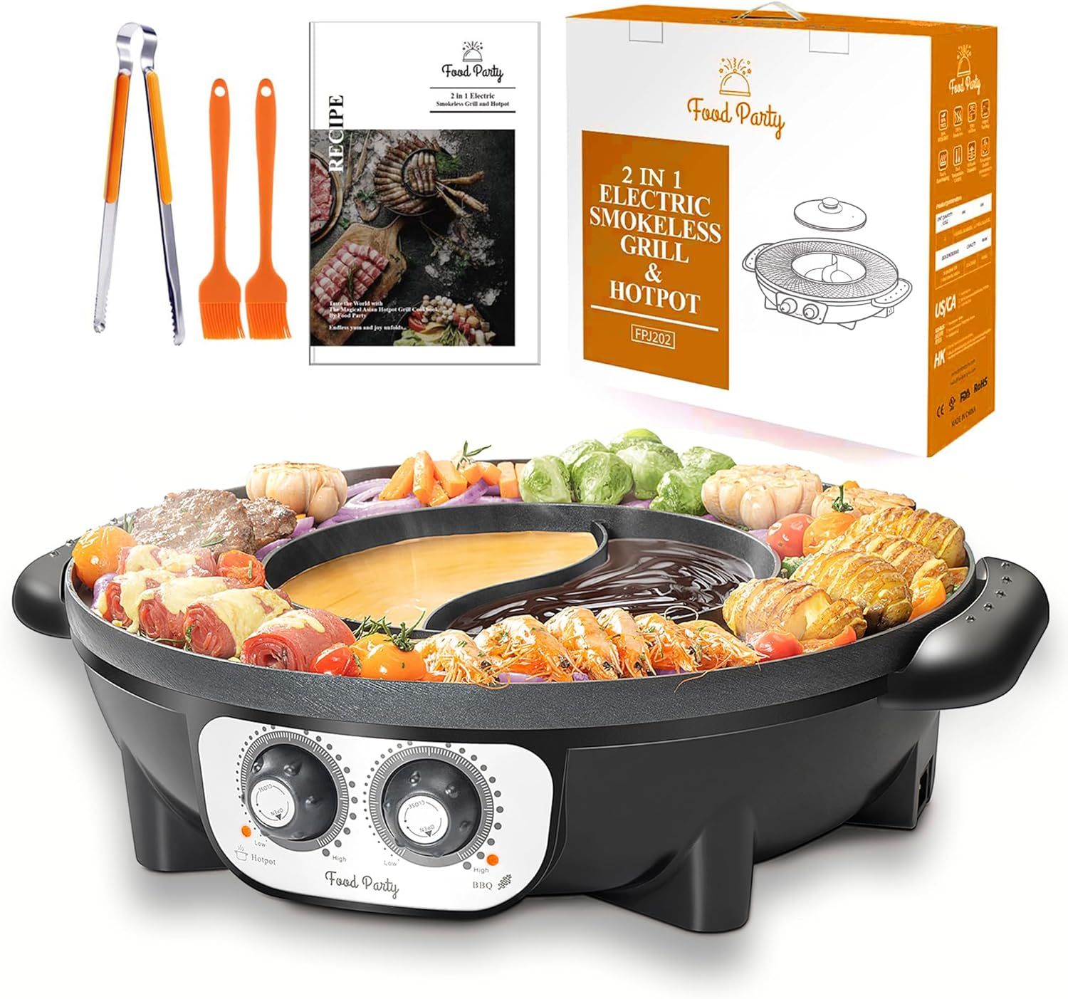 Food Party Hot Pot Electric with BBQ Grill Hotpot Chinese Pot Cooker 220V 2200W Korean Barbecue Thai ShabuShabu 2 in 1 Set