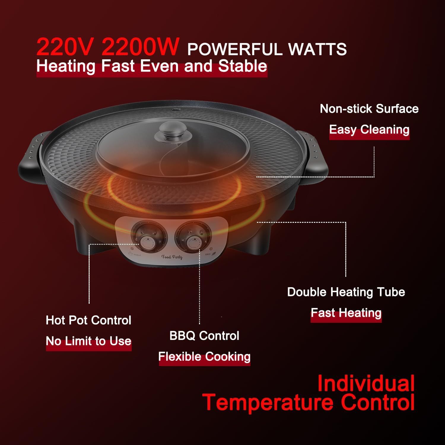 Food Party Hot Pot Electric with BBQ Grill Hotpot Chinese Pot Cooker 220V 2200W Korean Barbecue Thai ShabuShabu 2 in 1 Set