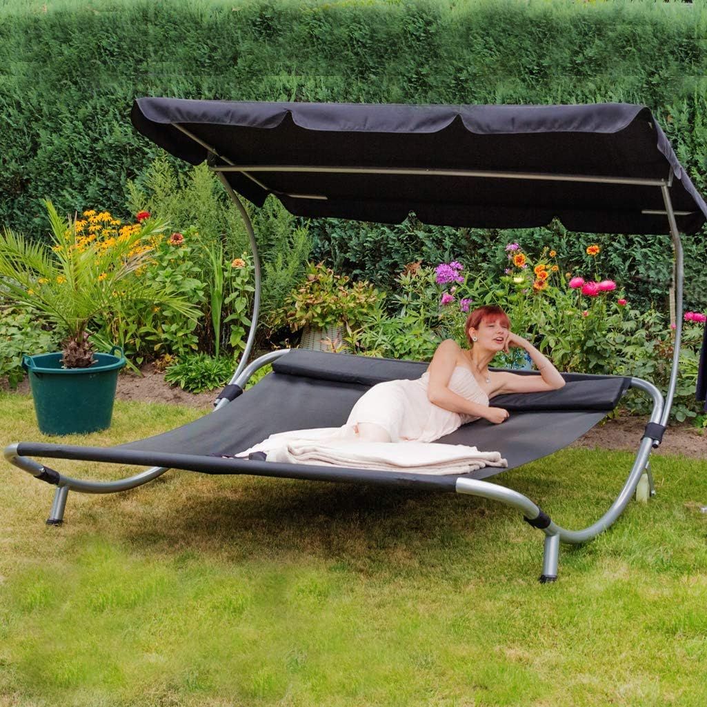 Double Sun Lounger with Canopy for 2 People Outdoor Recliner Chair