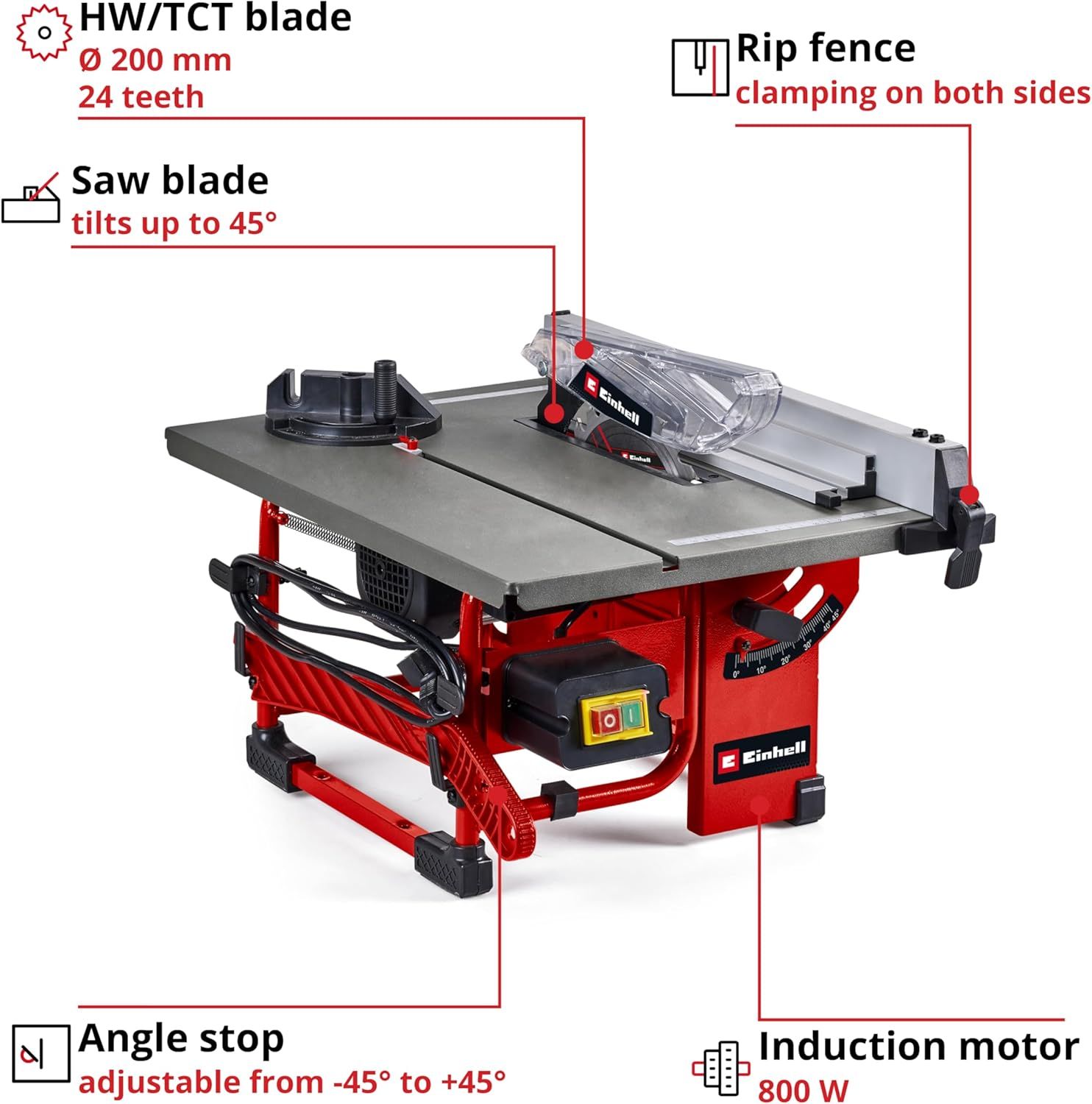 Table Saw - Angle Cuts (to 45°), Angle Stop (+/- 60°) for Mitre Cuts, Dust Extraction Adaptor - Powerful, Compact and Portable Circular Bench Saw for Woodworking