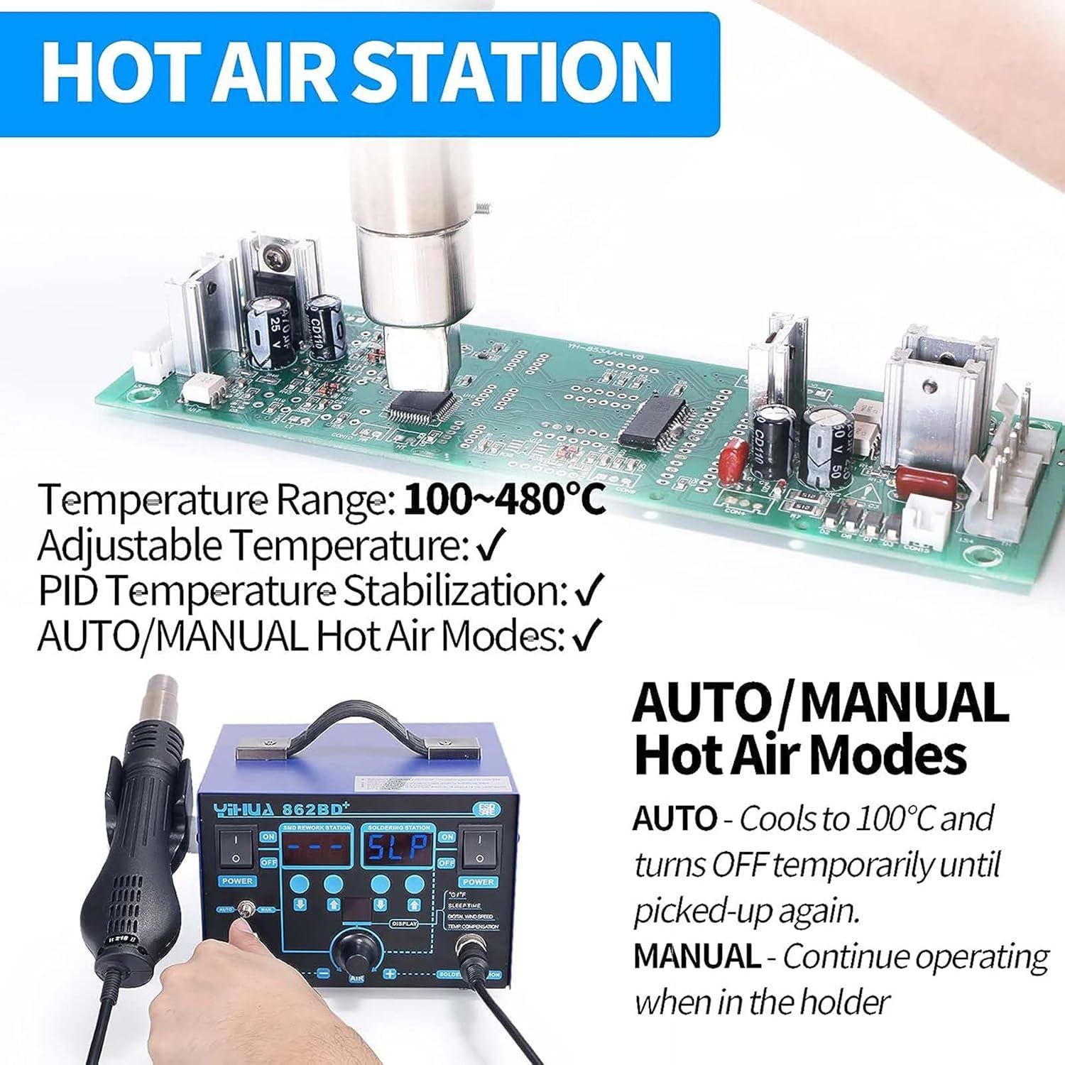 Hot Air Rework Station Soldering Station, 0–15V DC Power Supply Multi channel Station with 5V USB Charging Port and 35V DC Voltmeter for Cellphone and Electronic Rework Repair