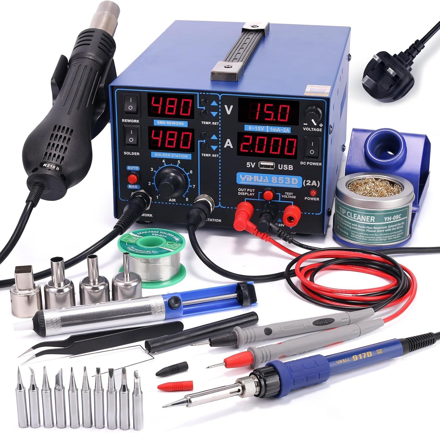 Hot Air Rework Station Soldering Station, 0–15V DC Power Supply Multi channel Station with 5V USB Charging Port and 35V DC Voltmeter for Cellphone and Electronic Rework Repair, Type: 3 in 1 -  853D