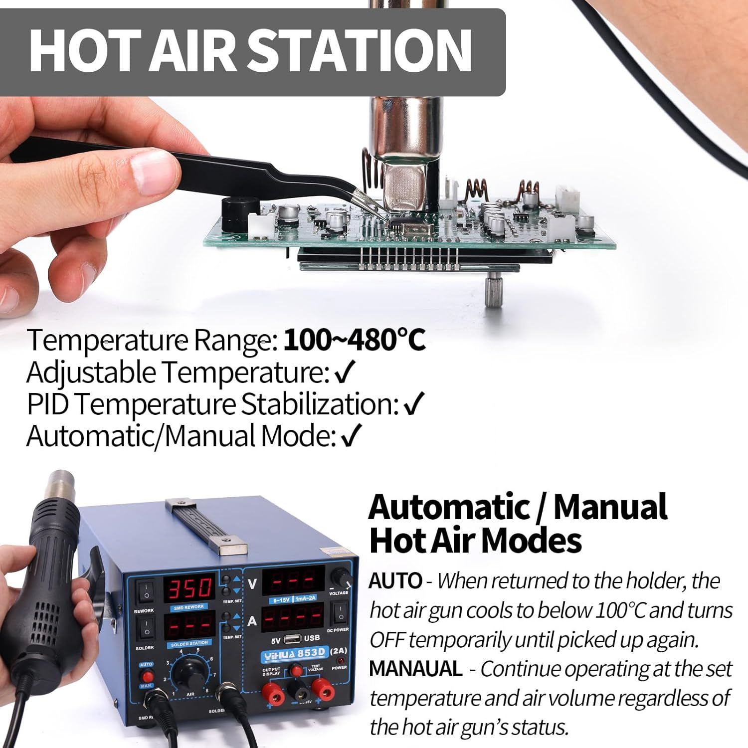 Hot Air Rework Station Soldering Station, 0–15V DC Power Supply Multi channel Station with 5V USB Charging Port and 35V DC Voltmeter for Cellphone and Electronic Rework Repair