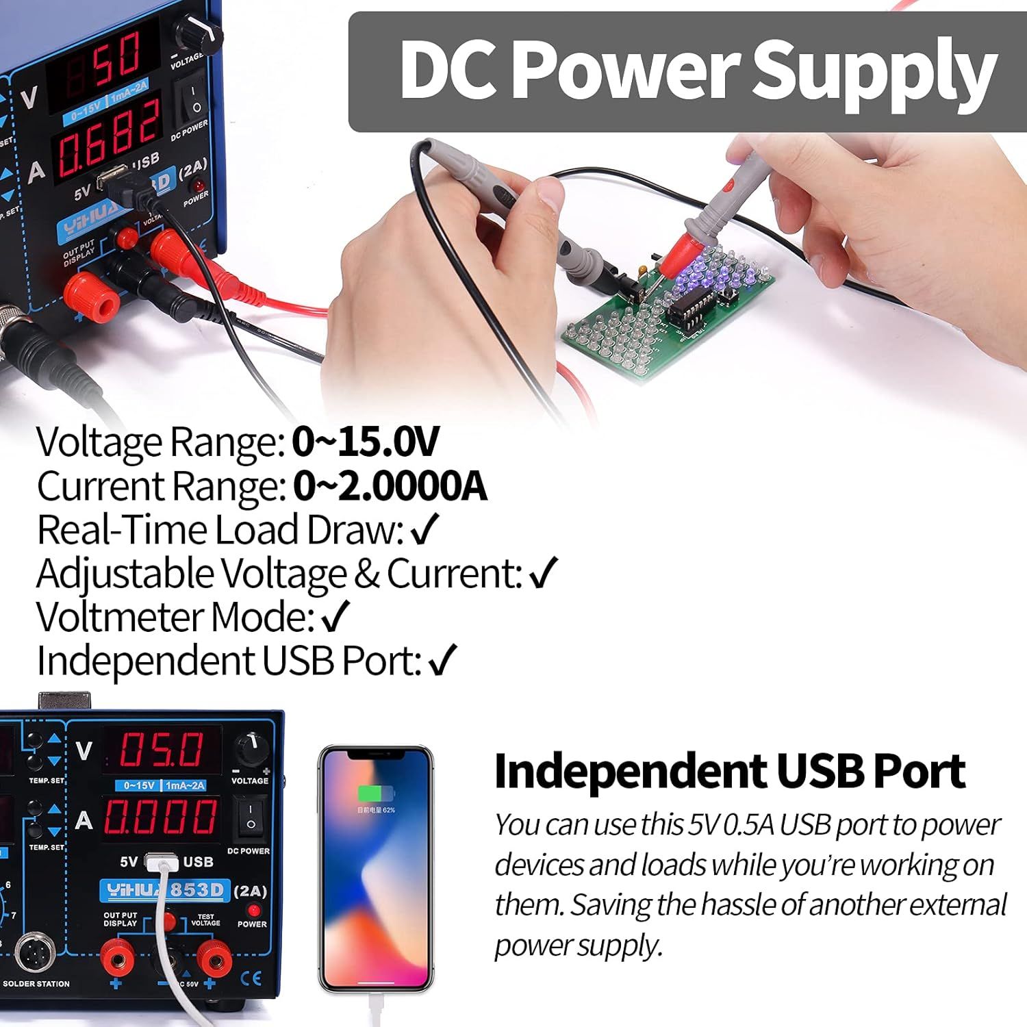 Hot Air Rework Station Soldering Station, 0–15V DC Power Supply Multi channel Station with 5V USB Charging Port and 35V DC Voltmeter for Cellphone and Electronic Rework Repair