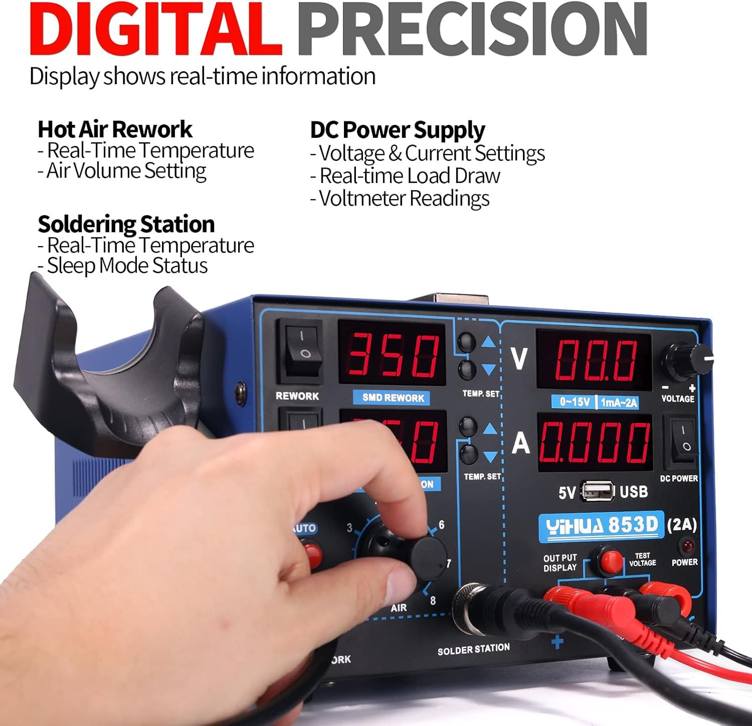 Hot Air Rework Station Soldering Station, 0–15V DC Power Supply Multi channel Station with 5V USB Charging Port and 35V DC Voltmeter for Cellphone and Electronic Rework Repair
