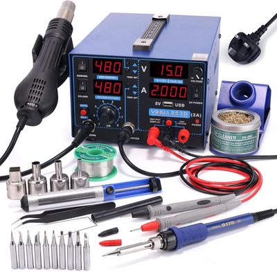 Hot Air Rework Station Soldering Station, 0–15V DC Power Supply Multi channel Station with 5V USB Charging Port and 35V DC Voltmeter for Cellphone and Electronic Rework Repair