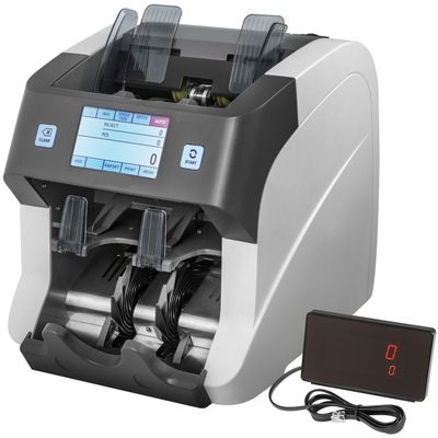 2-Pocket Mixed Denomination Bill Counter with UV Detection – High-Capacity Counterfeit Detector for Banks and Gas Stations, 500 Banknote Capacity, 8 Screen Modes