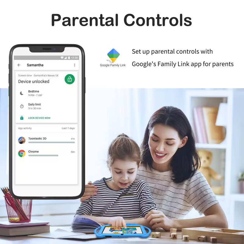 7-inch Android tablet from 2025, with 32GB ROM, 2GB RAM, Android 12, featuring 2.4G WiFi, 1024*600 eye-protecting screen, parental control, educational apps, dual cameras, and a protective case.