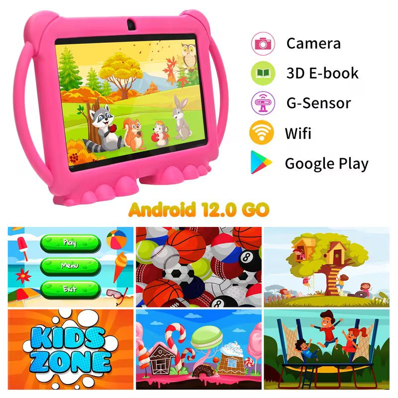 7-inch Android tablet from 2025, with 32GB ROM, 2GB RAM, Android 12, featuring 2.4G WiFi, 1024*600 eye-protecting screen, parental control, educational apps, dual cameras, and a protective case.