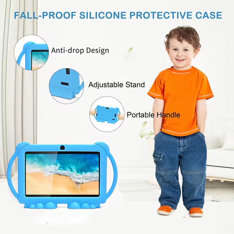 7-inch Android tablet from 2025, with 32GB ROM, 2GB RAM, Android 12, featuring 2.4G WiFi, 1024*600 eye-protecting screen, parental control, educational apps, dual cameras, and a protective case.