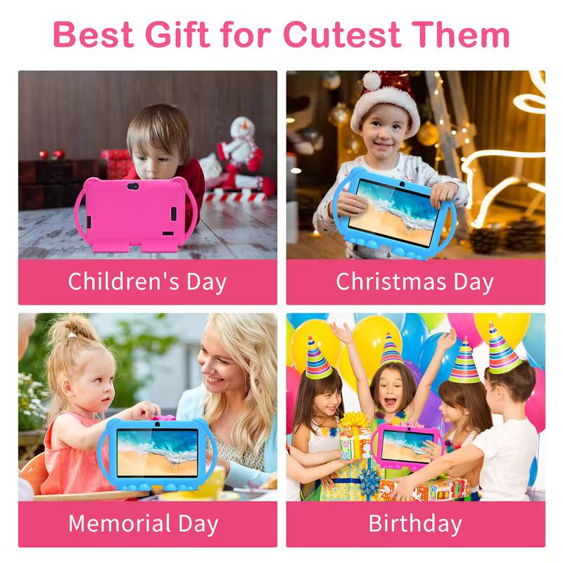 7-inch Android tablet from 2025, with 32GB ROM, 2GB RAM, Android 12, featuring 2.4G WiFi, 1024*600 eye-protecting screen, parental control, educational apps, dual cameras, and a protective case.