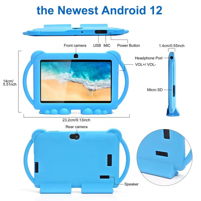 7-inch Android tablet from 2025, with 32GB ROM, 2GB RAM, Android 12, featuring 2.4G WiFi, 1024*600 eye-protecting screen, parental control, educational apps, dual cameras, and a protective case.