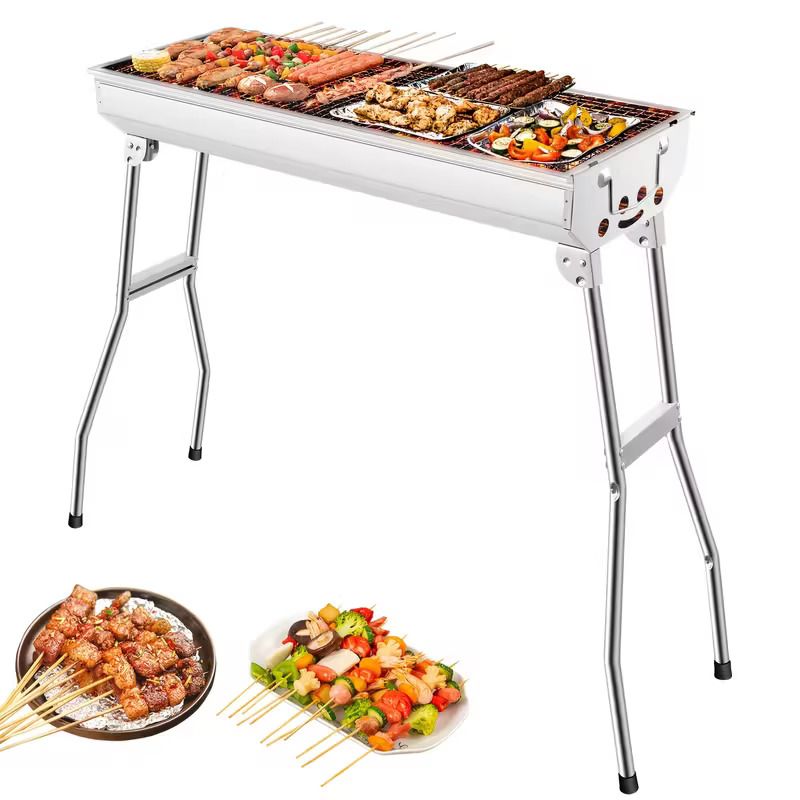 Stainless steel extended, widened, and heightened barbecue grill, household outdoor camping picnic grill, foldable portable charcoal barbecue stove, 2025 new model.