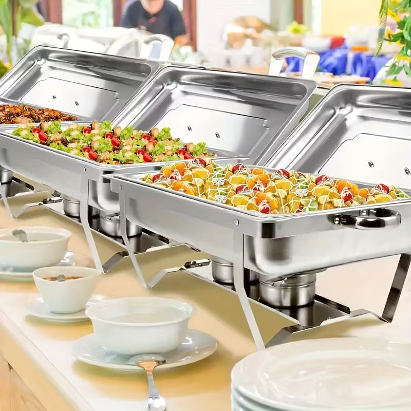 4pcs/set 9.5 QT Chafing Dishes Buffet Silvery Rectangular Full Size Stainless Steel Catering Chafer Food Warmer for Banquet Party Catering Supplies, Only for Cooking, Buffet Setup, Catering Equipment,