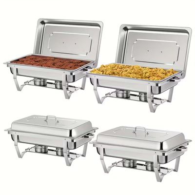4pcs/set 9.5 QT Chafing Dishes Buffet Silvery Rectangular Full Size Stainless Steel Catering Chafer Food Warmer for Banquet Party Catering Supplies, Only for Cooking, Buffet Setup, Catering Equipment,