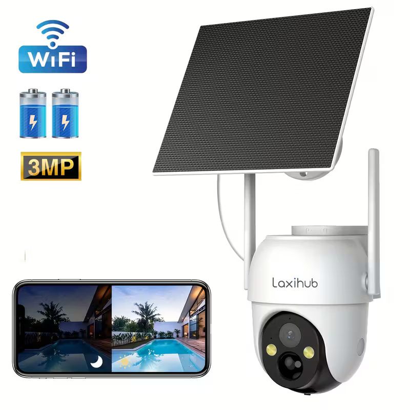LaxiHub Solar Panel Wireless Security Camera, FHD Outdoor Cam With Color Night Vision, 3MP 1296P High Resolution, Wi-Fi Smart Home Security Camera, Baby Elderly &amp; Pets Security Monitor, 2-Way Audio
