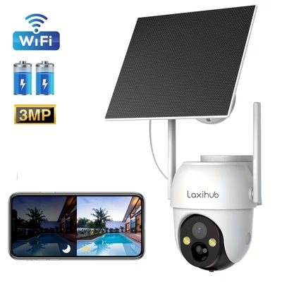 LaxiHub Solar Panel Wireless Security Camera, FHD Outdoor Cam With Color Night Vision, 3MP 1296P High Resolution, Wi-Fi Smart Home Security Camera, Baby Elderly &amp; Pets Security Monitor, 2-Way Audio