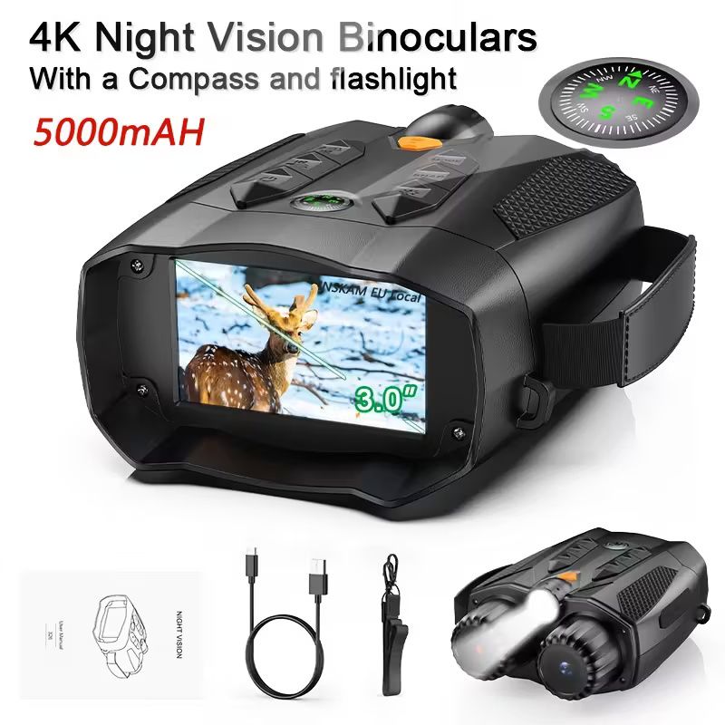 HD Infrared Night Vision Binocular Goggles with Built-In Tactical Light &amp; 5000mAh Battery, 10x Zoom, 800m Range, Portable -Free Compass Navigation Device, Night Vision Goggles For Hunting,