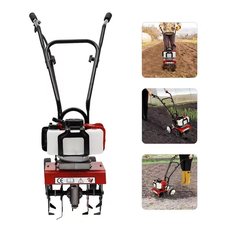 52cc Micro Rotary Tiller with Handle Attachments, Walk-behind Rotary Cultivator, Multi-purpose Garden Tiller Suitable for Trenching, Weeding and Ridge Formation. Capable of Ploughing, Trenching, Soil